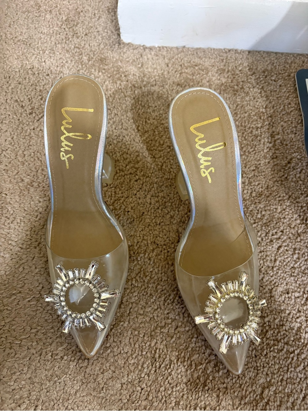 Lulu's Clear Pointed Mule with Gold Crystal Sunburst